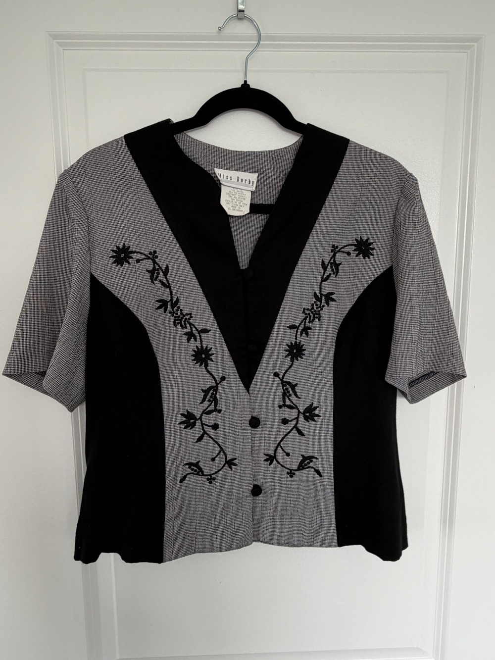 Vintage Miss Dorby Black & White Embroidered Blouse Top Size 10